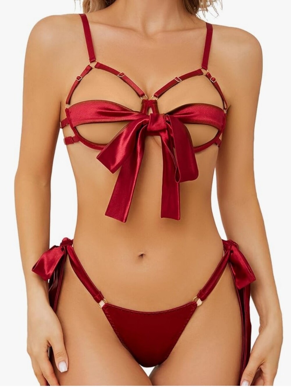 Strappy Bow Lingerie Set in Deep Red